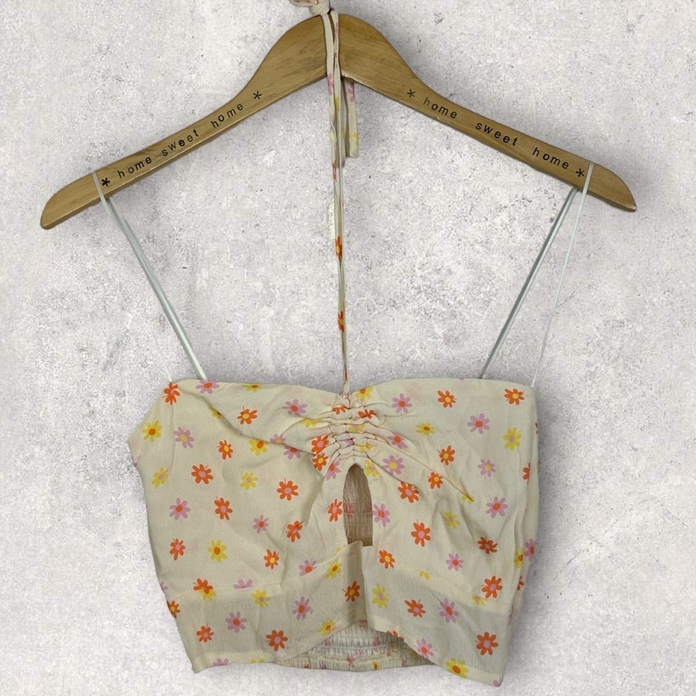 NEW Elodie Floral Crop‎ Top Halter Neck Size XS Nordstrom Cutout Ruching Boho